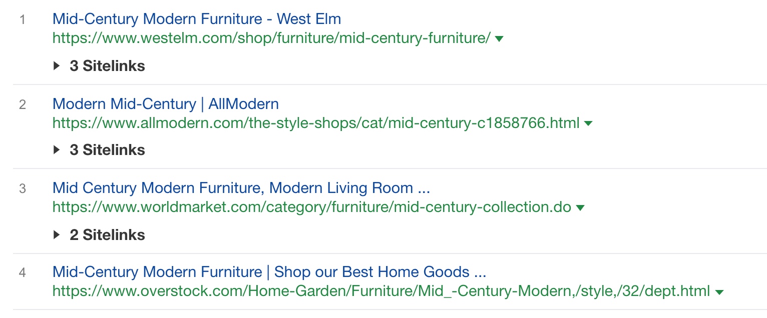 Search rankings for the query mid century modern furniture, showing multiple ecommerce results